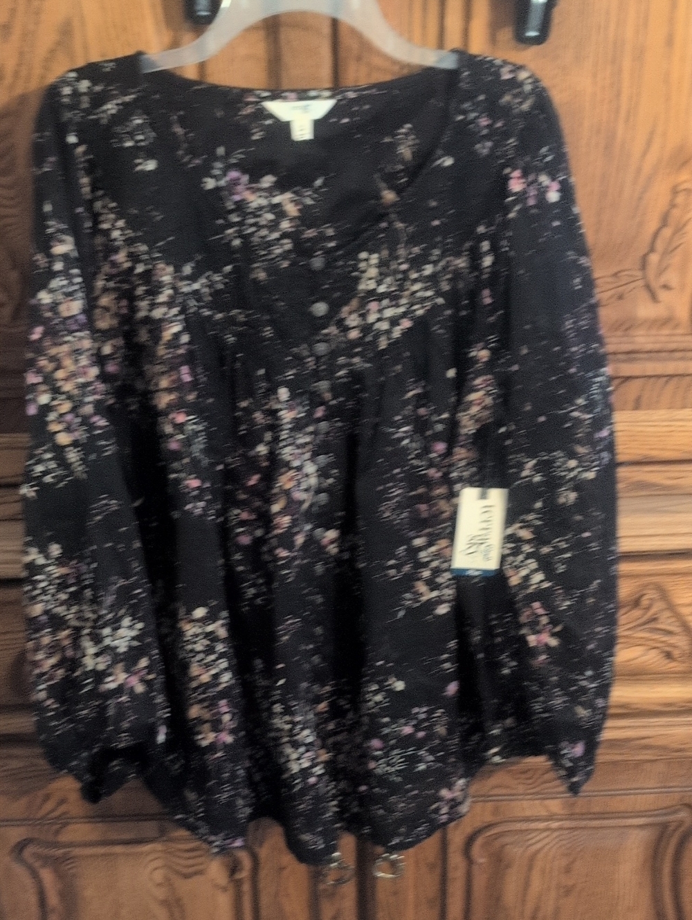 Terra & Sky Black Floral Tunic with Pink and Cream Sprigs